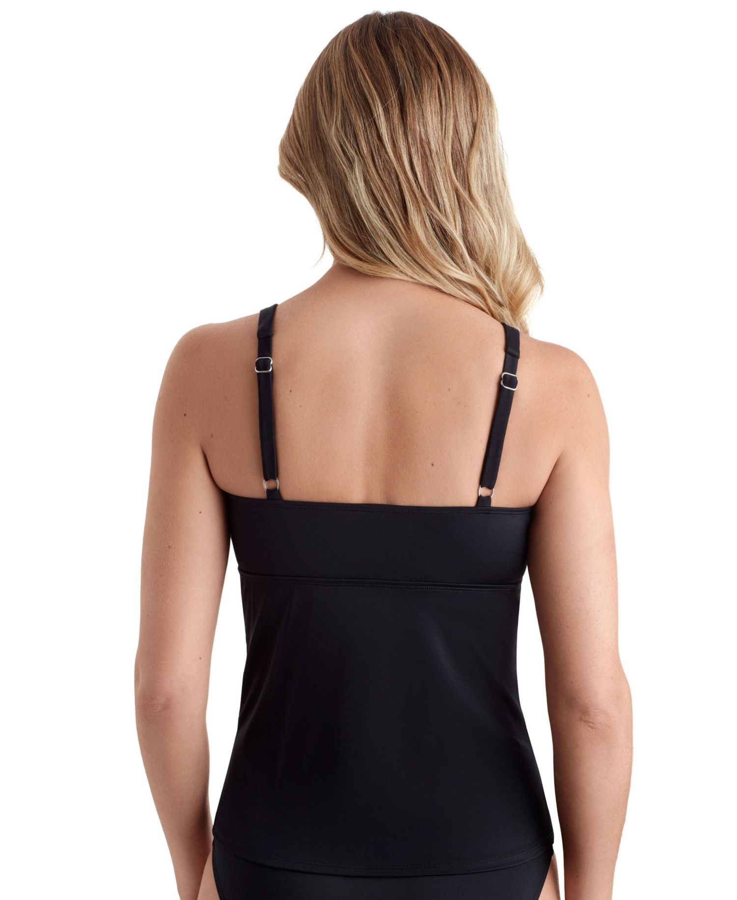 Women's Solid Black V-Wired Shirred Tankini Swimsuit Top