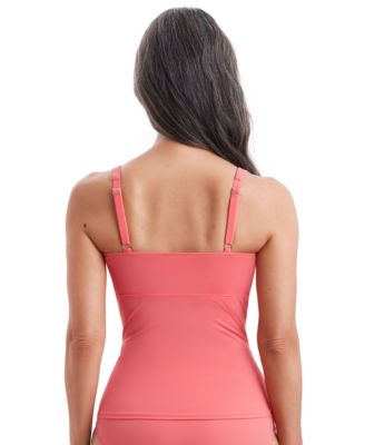 Women's Solid Coral V-Wired Shirred Tankini Swimsuit Top