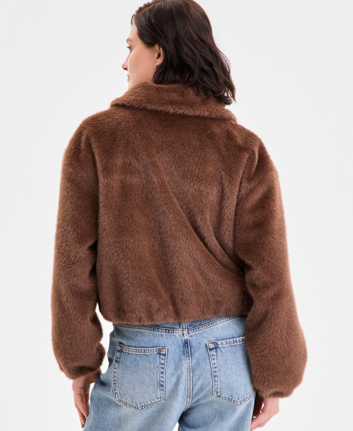 Cece Petite Zip-front Faux-fur Bomber Jacket In Brown