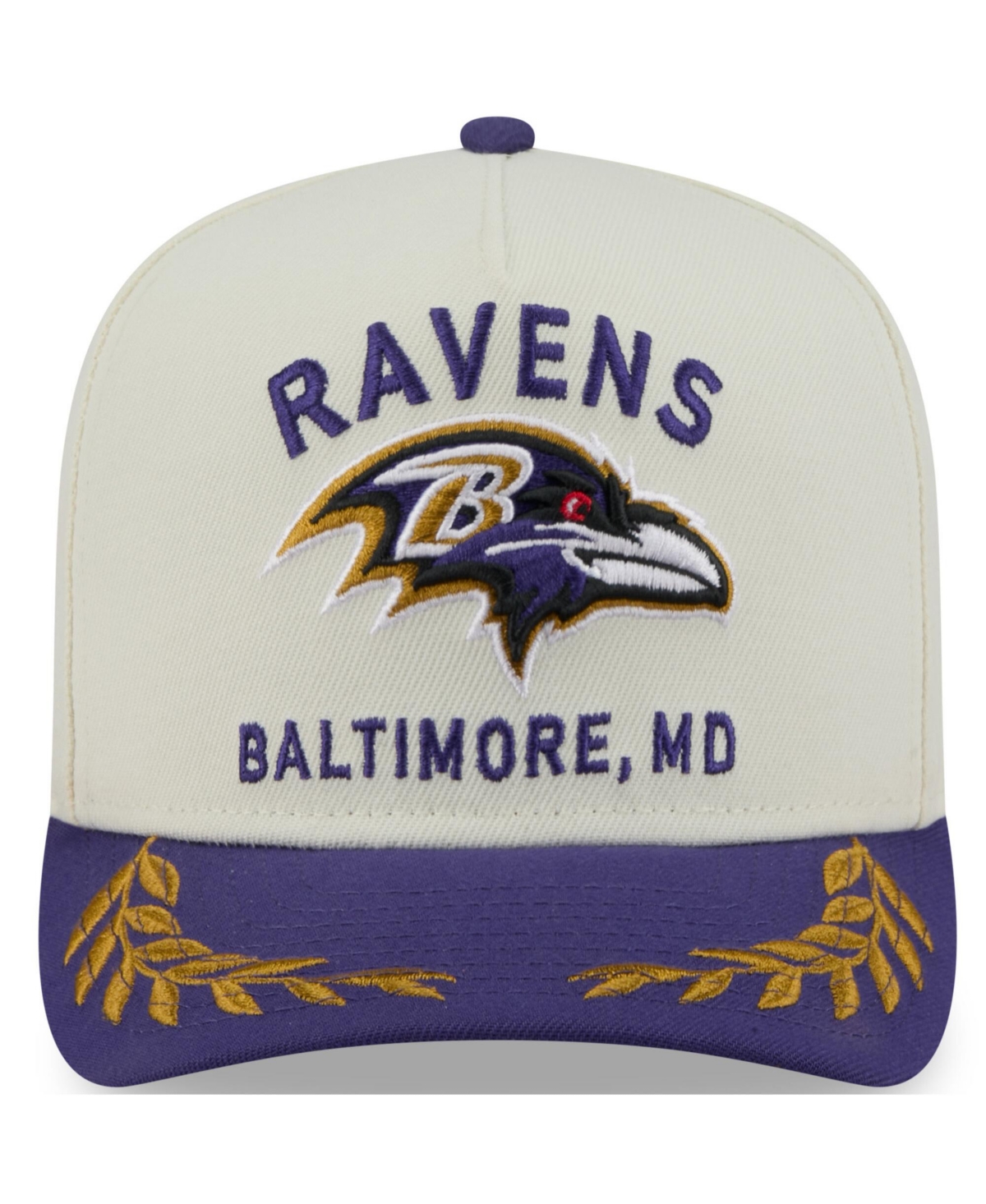 NEW ERA MEN'S CREAM/PURPLE BALTIMORE RAVENS 2025 NFL DRAFT A-FRAME 9FIFTY SNAPBACK HAT 