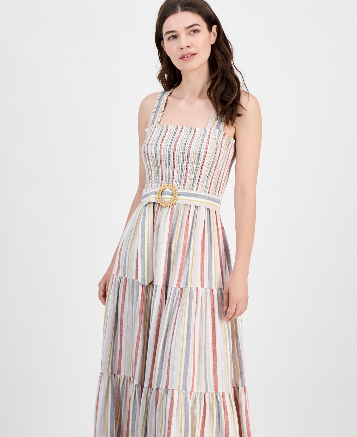 Anne Klein Smocked Bodice Belted Tiered Midi Sundress In Multi
