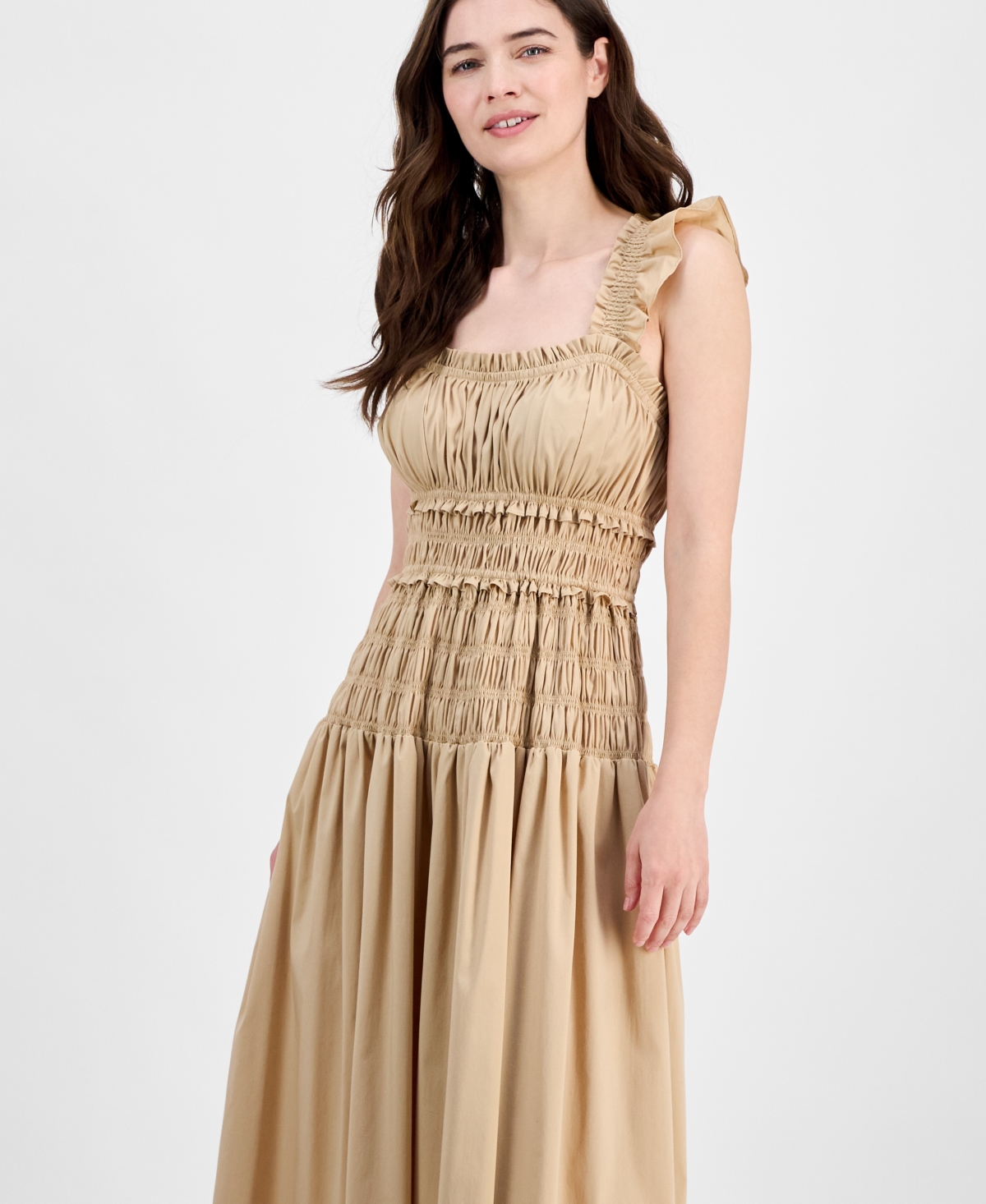 Anne Klein Smocked Ruffle Trim Midi Dress