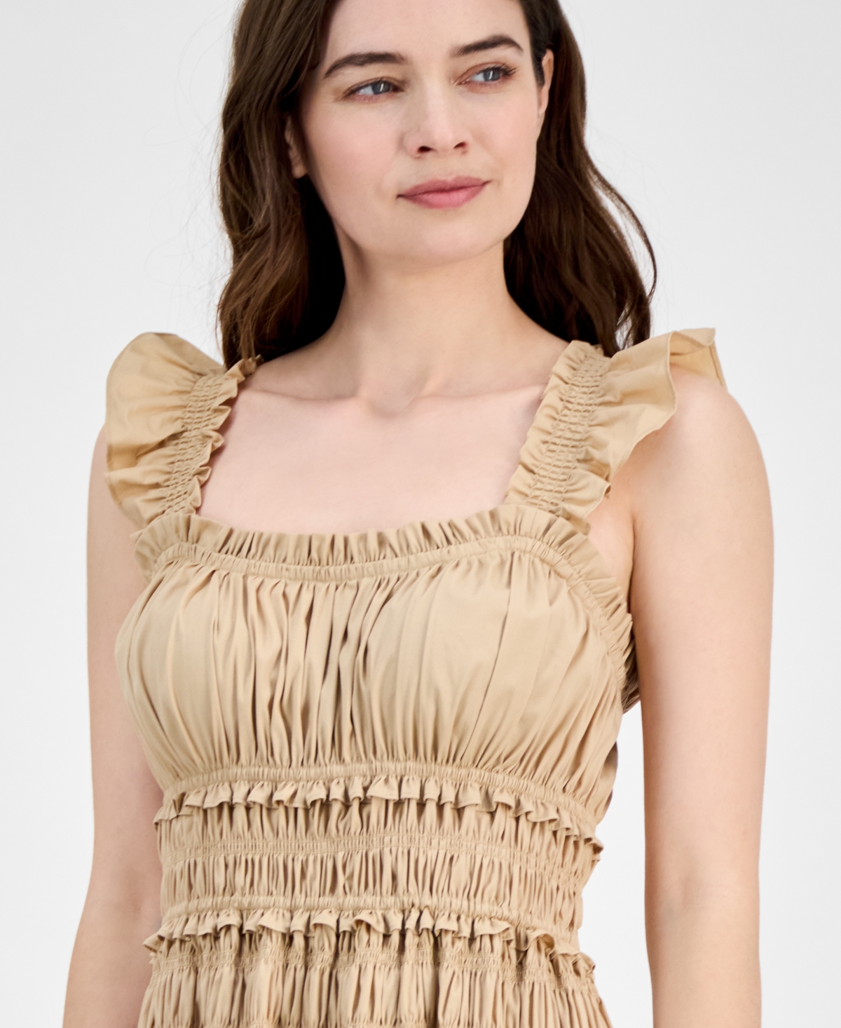 Anne Klein Smocked Ruffle Trim Midi Dress