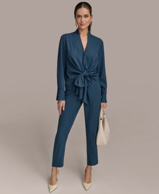 Shop Donna Karan Womens Tie Front Pinstripe Blouse Pants