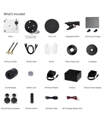 high-fidelity, Bluetooth-enabled, 90W Class D amplified vinyl turntable system with phono preamp, bookshelf speakers, OM10 cartridge.