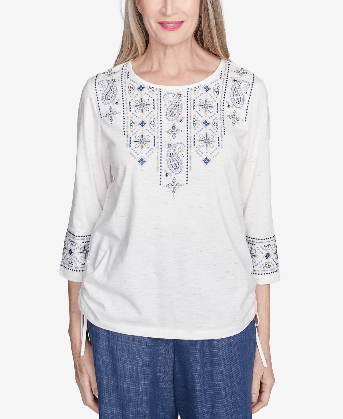 Alfred Dunner Plus Size Summer Solstice Linear Embroidered Tie Sleeve Top In Linen