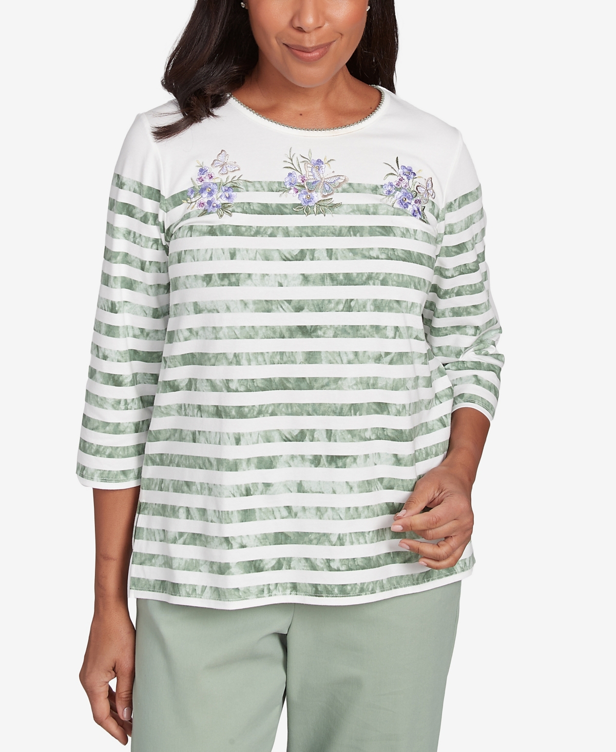 Women's Santa Fe Tie Dye Stripe Embroidered Crew Neck Top - Aloe