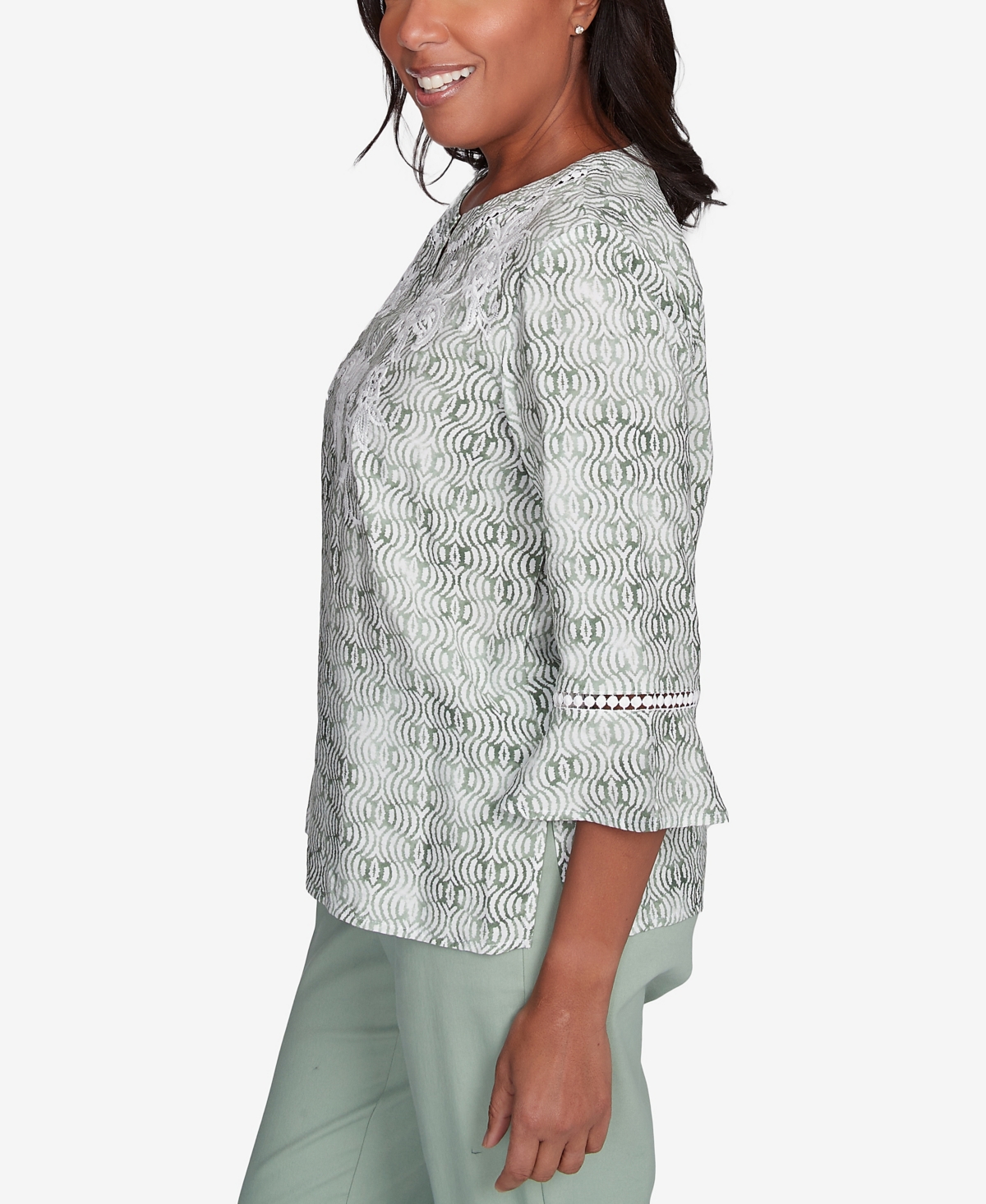 Alfred Dunner Plus Size Santa Fe Embroidered Geometric Flare Sleeve Top In Aloe