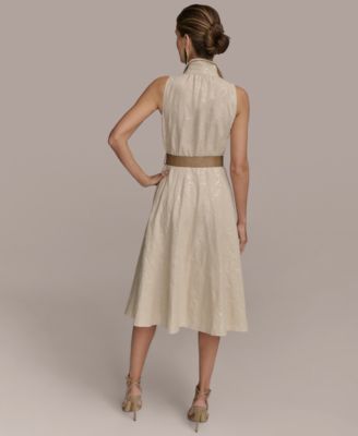 Women's Sequin Embellished Linen Belted Shirtdress