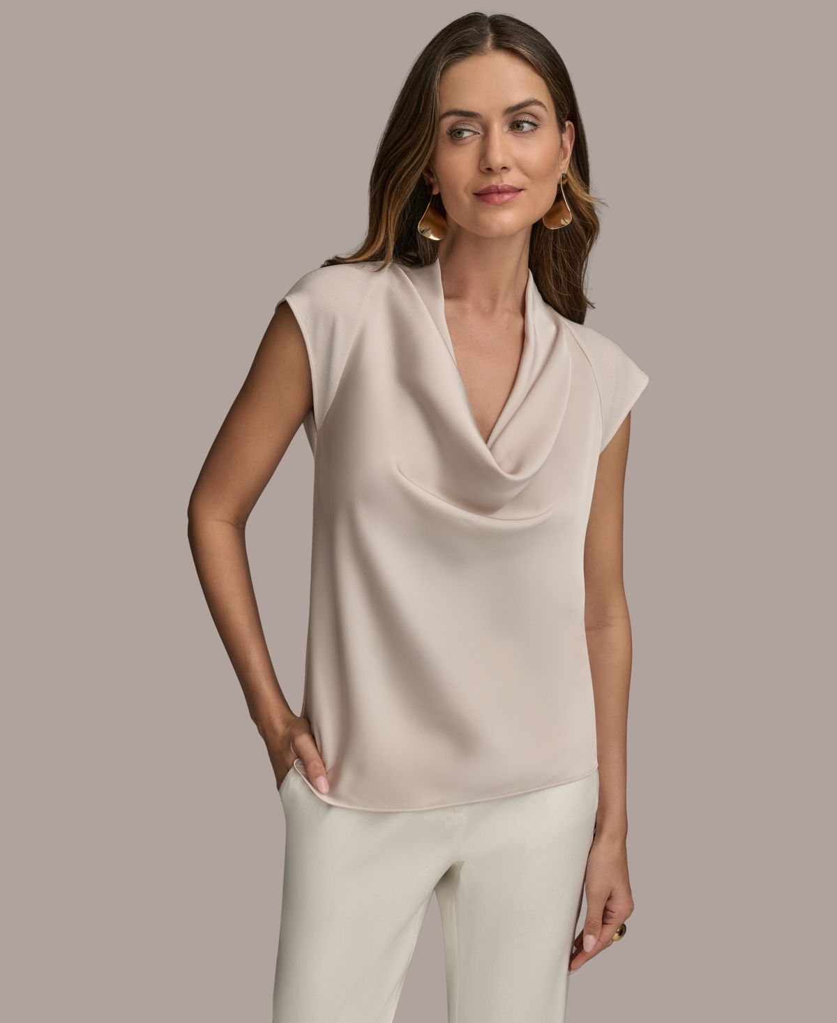 Shop Donna Karan Women's Cap Sleeve Satin Cowlneck Top