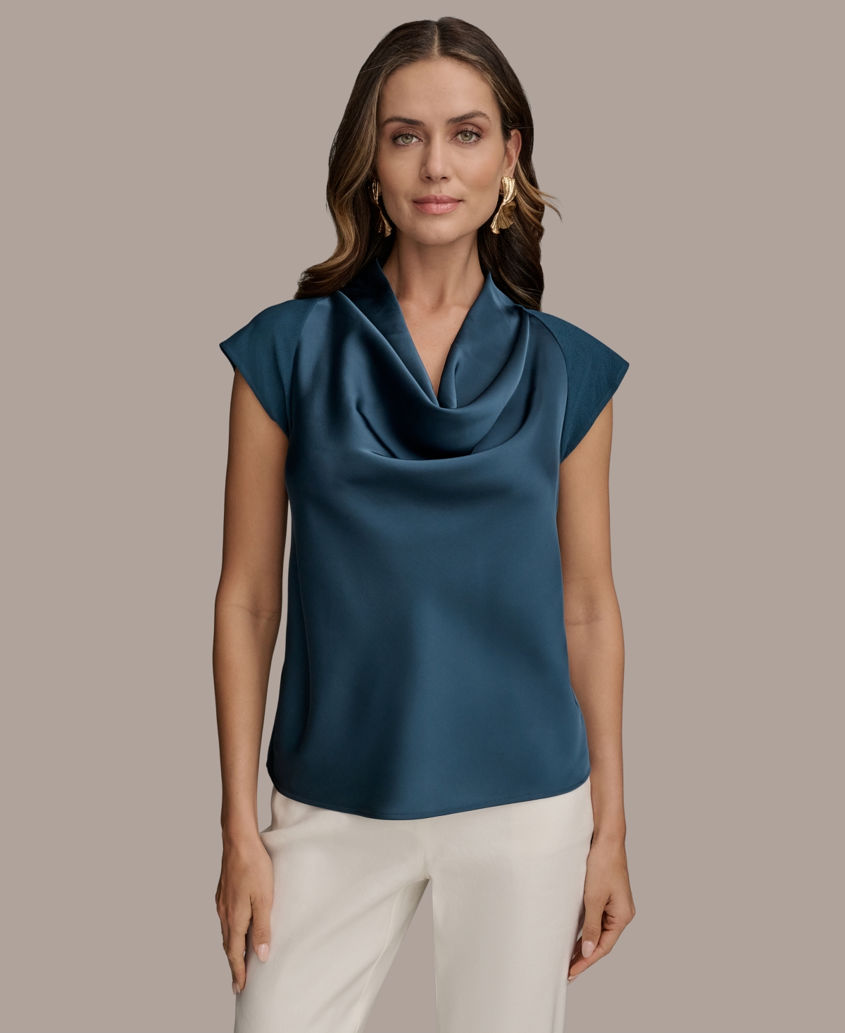 Shop Donna Karan Women's Cap Sleeve Satin Cowlneck Top
