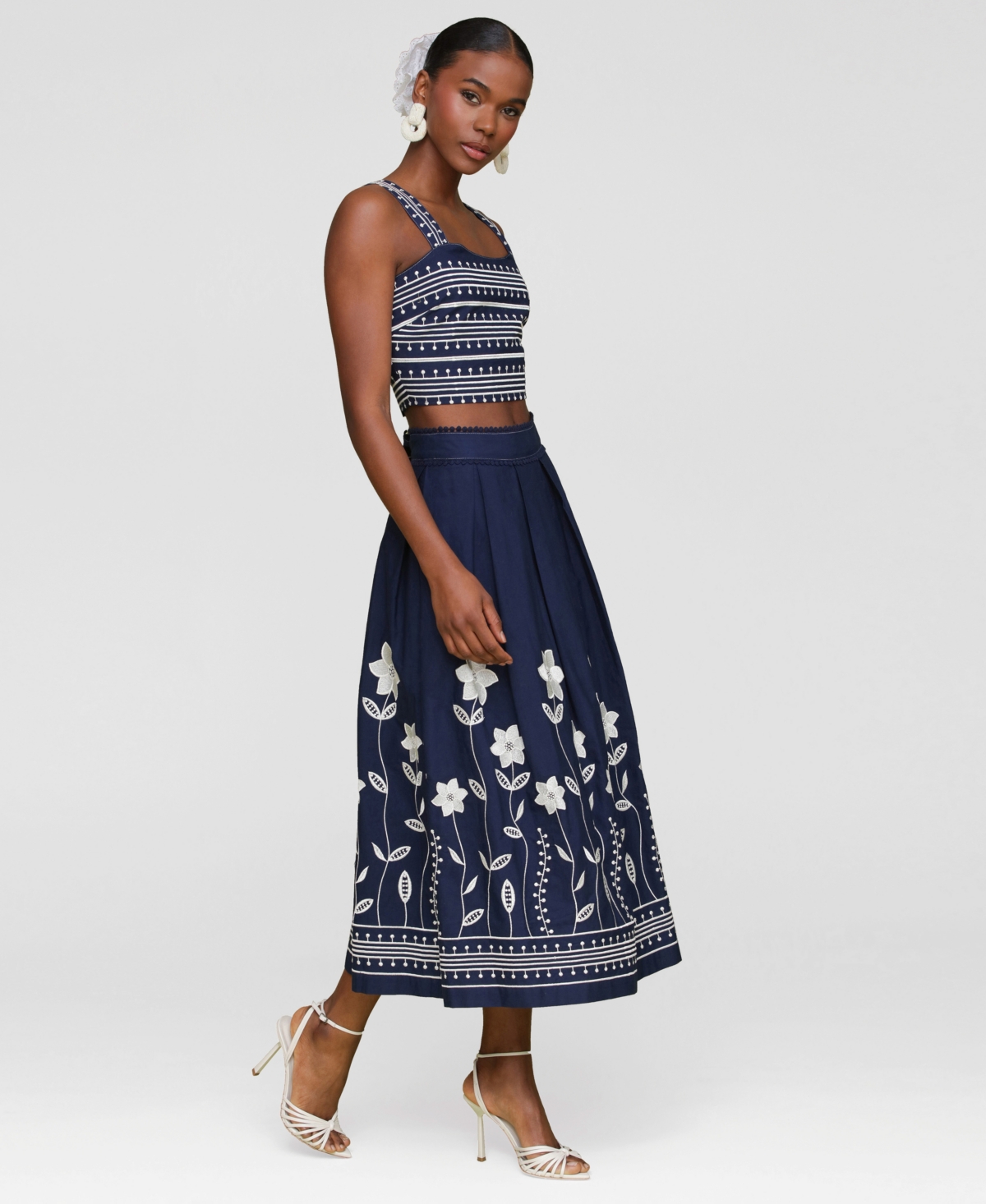 Shop Avec Les Filles Women's Cotton Embroidered Midi Skirt