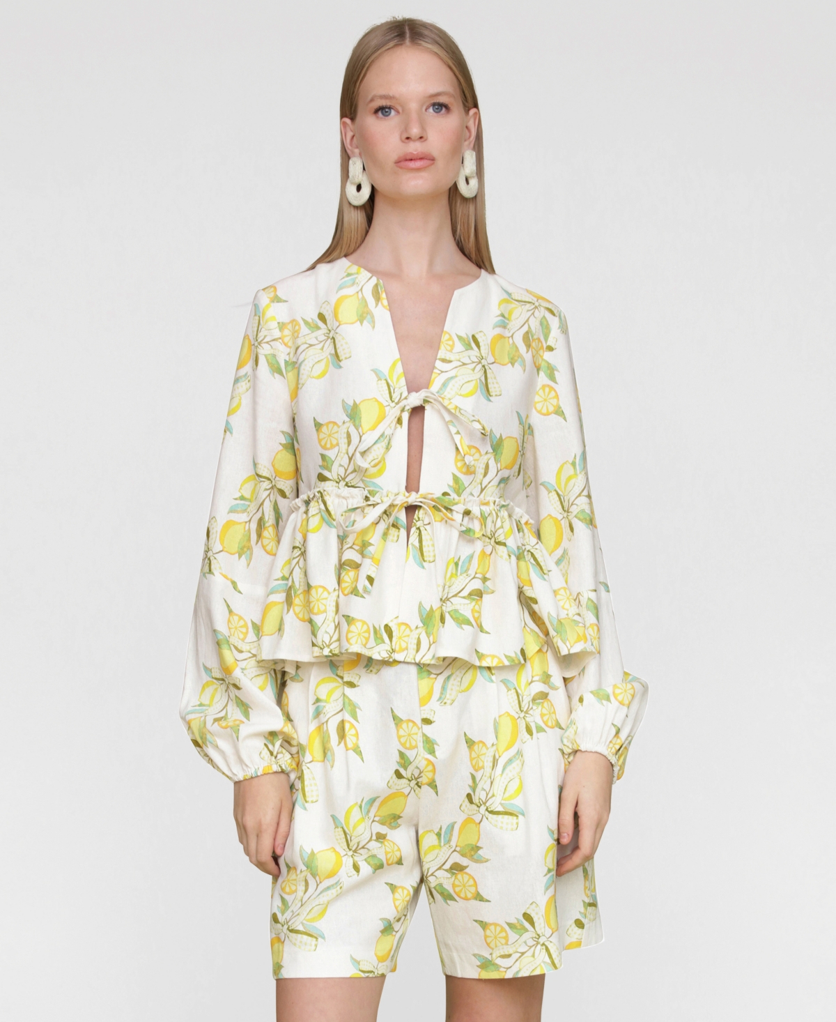 Avec Les Filles Women's Printed Tie-front Balloon-sleeve Blouse