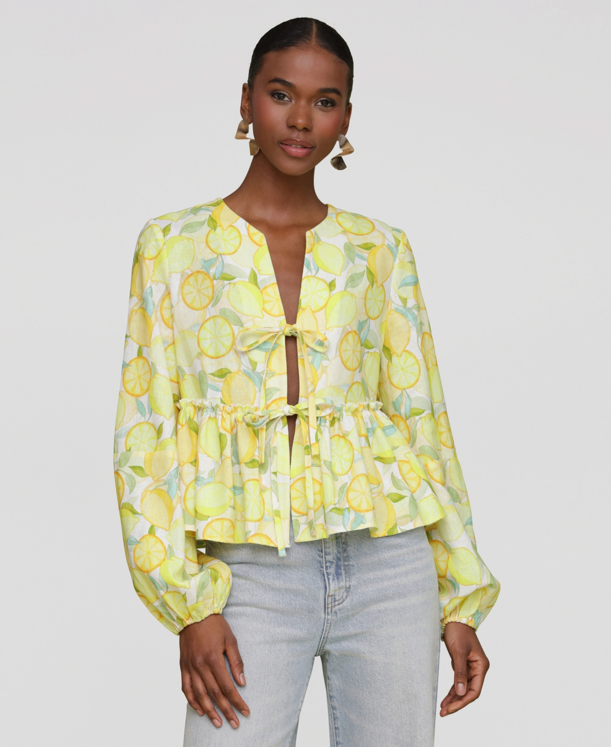 Avec Les Filles Women's Printed Tie-front Balloon-sleeve Blouse