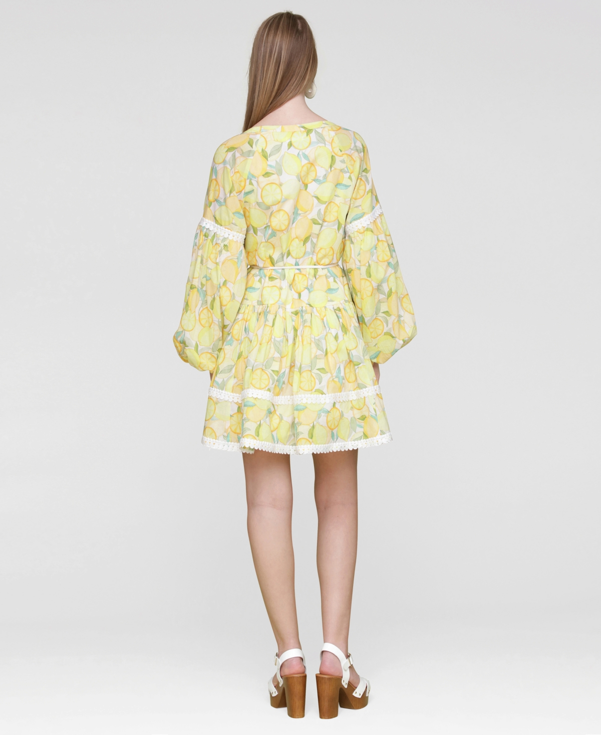 Avec Les Filles Women's Cotton Lemon-print Split-neck Prairie Mini Dress