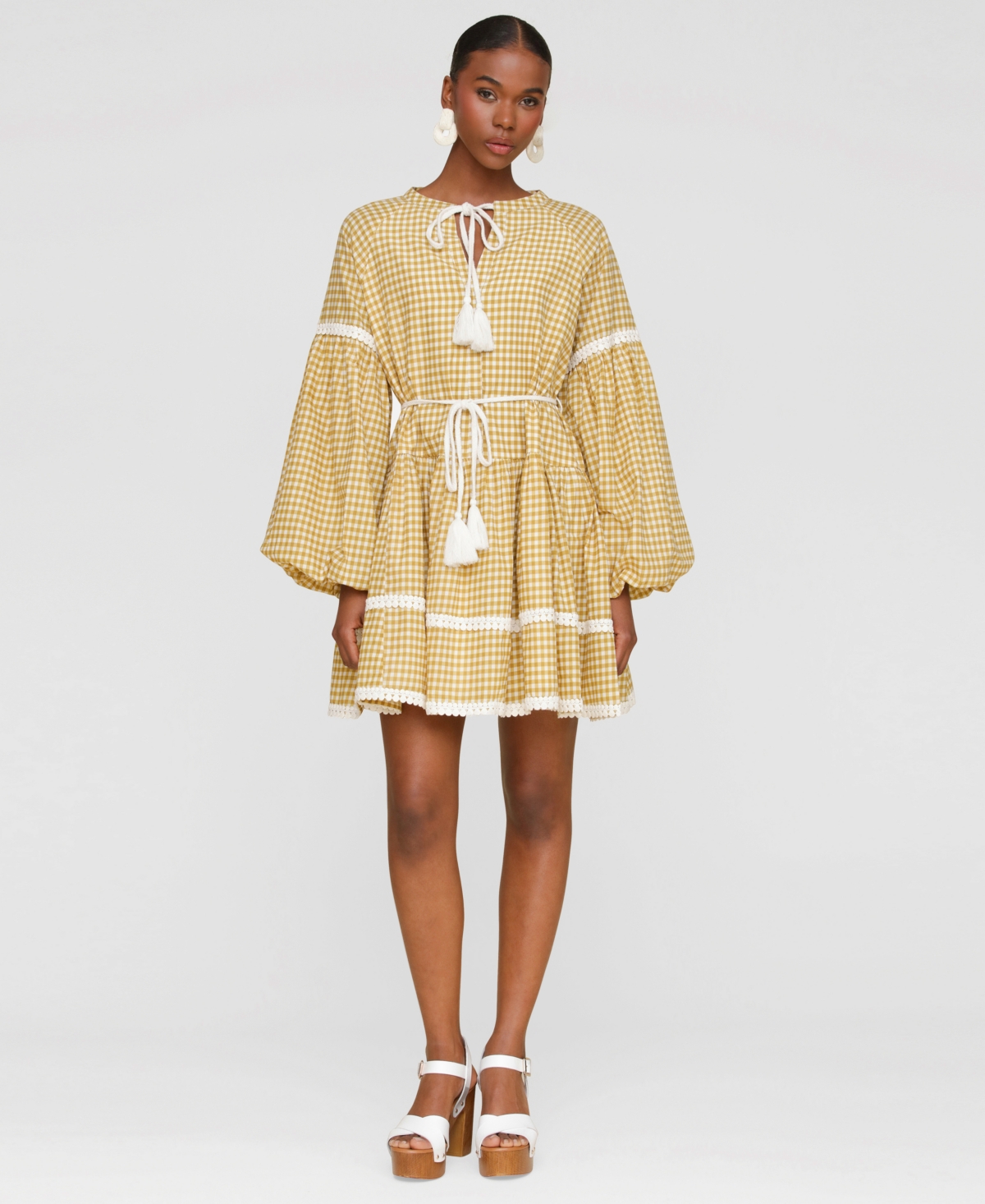 Avec Les Filles Gingham Print Long Sleeve Minidress In Brown