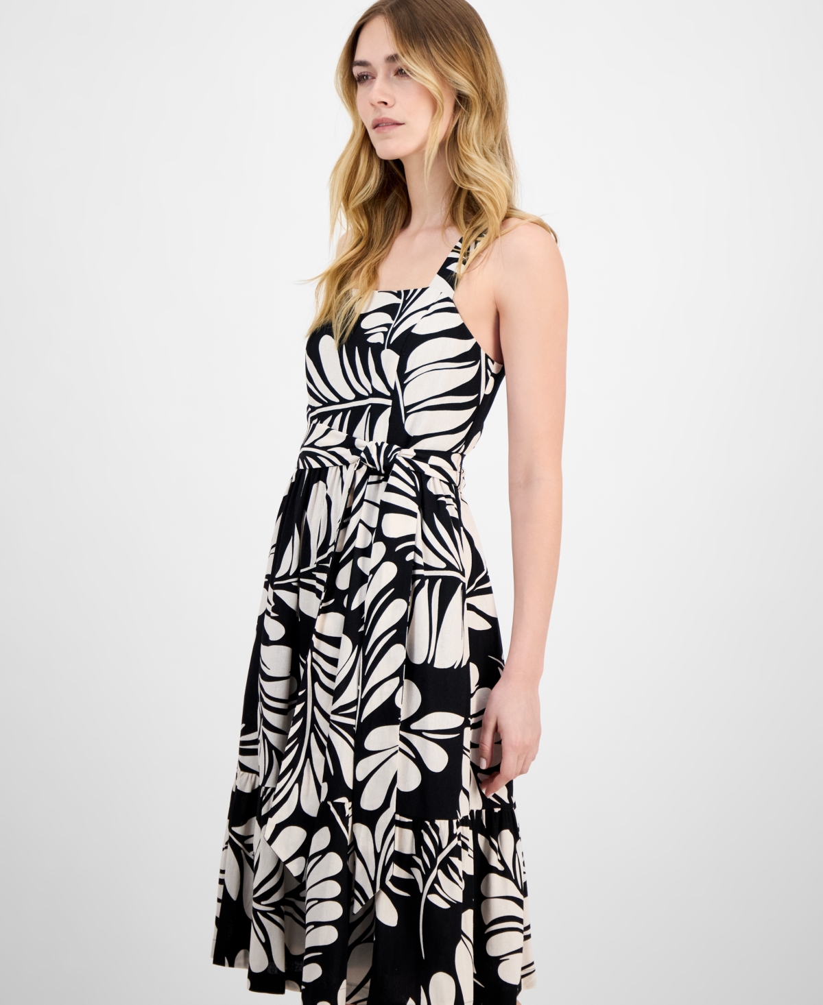 Anne Klein Plus Size Printed V-neck Ruffled Midi Dress In Black