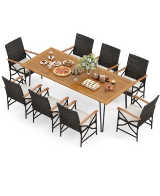 9 PCS Outdoor Patio Dining Set Armchairs Set of 8 & Acacia Wood Square Table