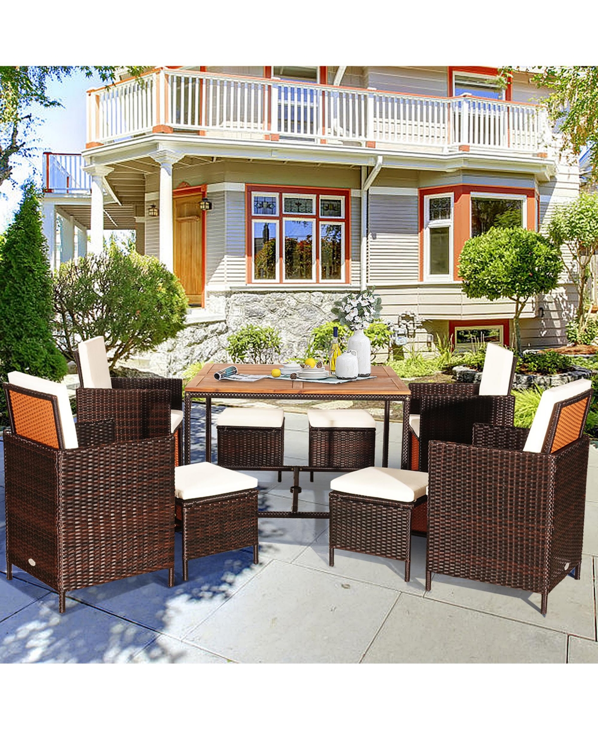 Gymax 9PCS Rattan Wicker Dining Set Patio Outdoor Furniture Set w/ Cushion