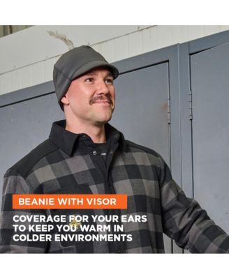 Men's Beanie with Visor - Stretch Nylon/Spandex Shell, Fleece-Lined Winter Hat