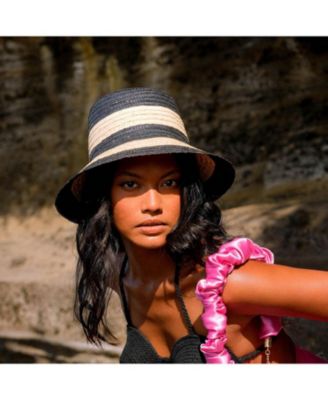Nona Striped Bucket Palm Straw Hat In Black and Natural