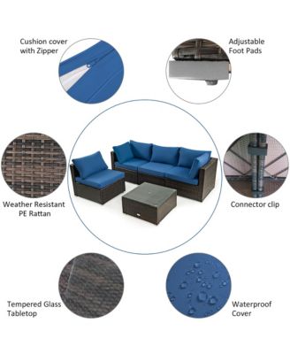 5PCS Patio Rattan Furniture Set Cushioned Sofa Chair Coffee Table