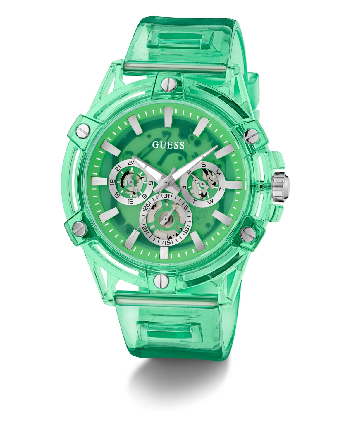 Guess Men's Multi-function Green Rubber Watch, 48mm In Green