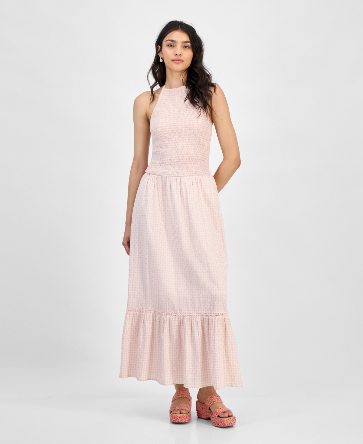 Women's Cotton Gingham Smocked Halter Maxi Dress, Exclusively at Macy's - Pink Lily Gingham