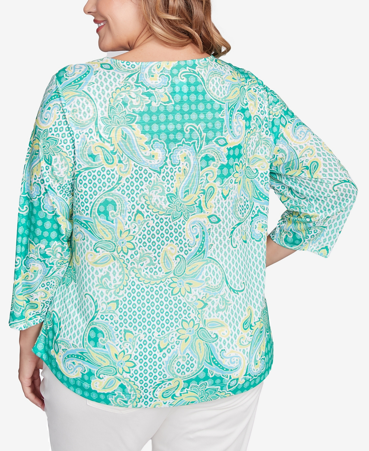Ruby Rd. Plus Size Mixed Pattern Sublimation Knit Crew Neck Top In Parrot Multi