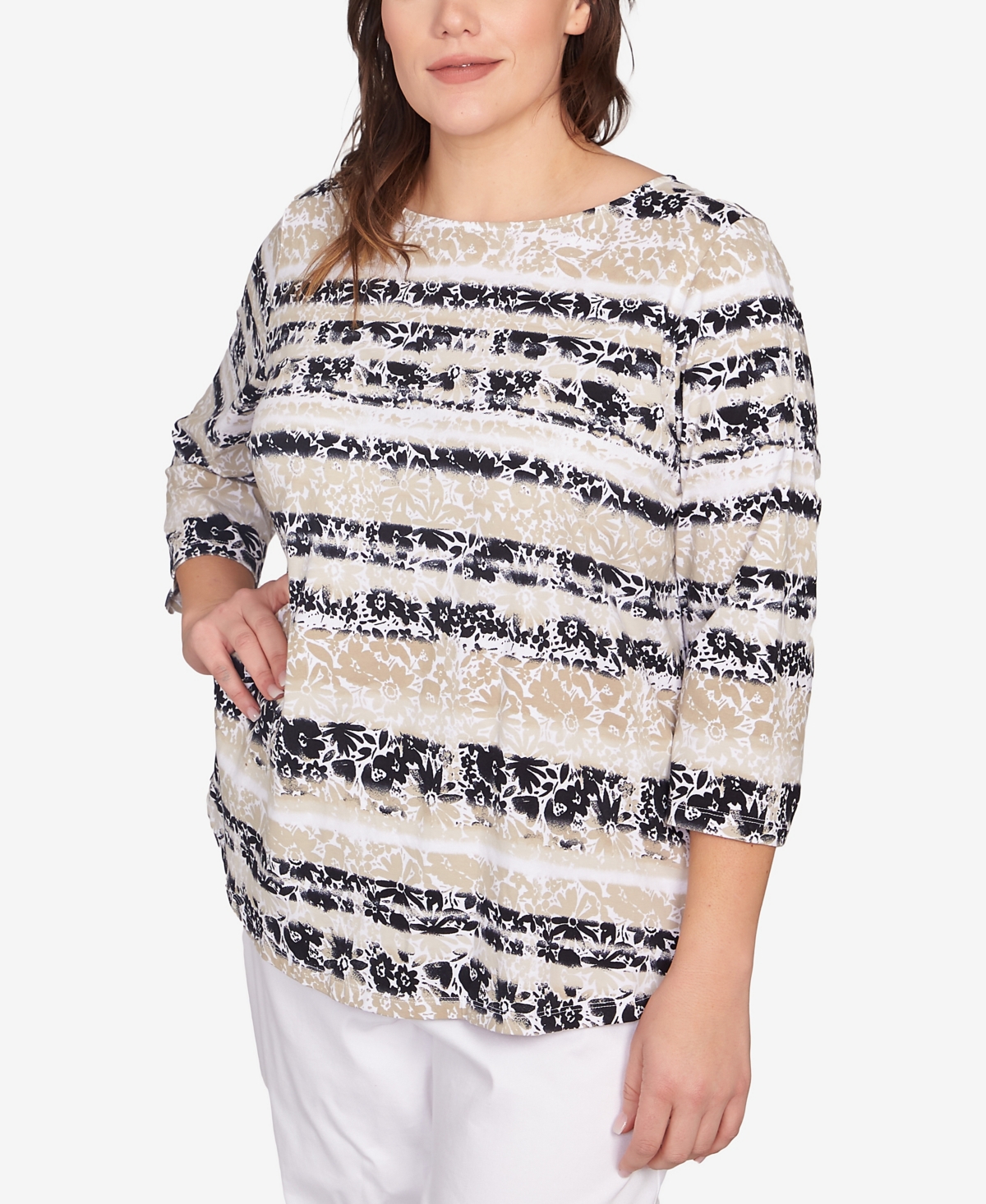 Ruby Rd. Plus Size Watercolor Floral Stripe Top In Chino Multi