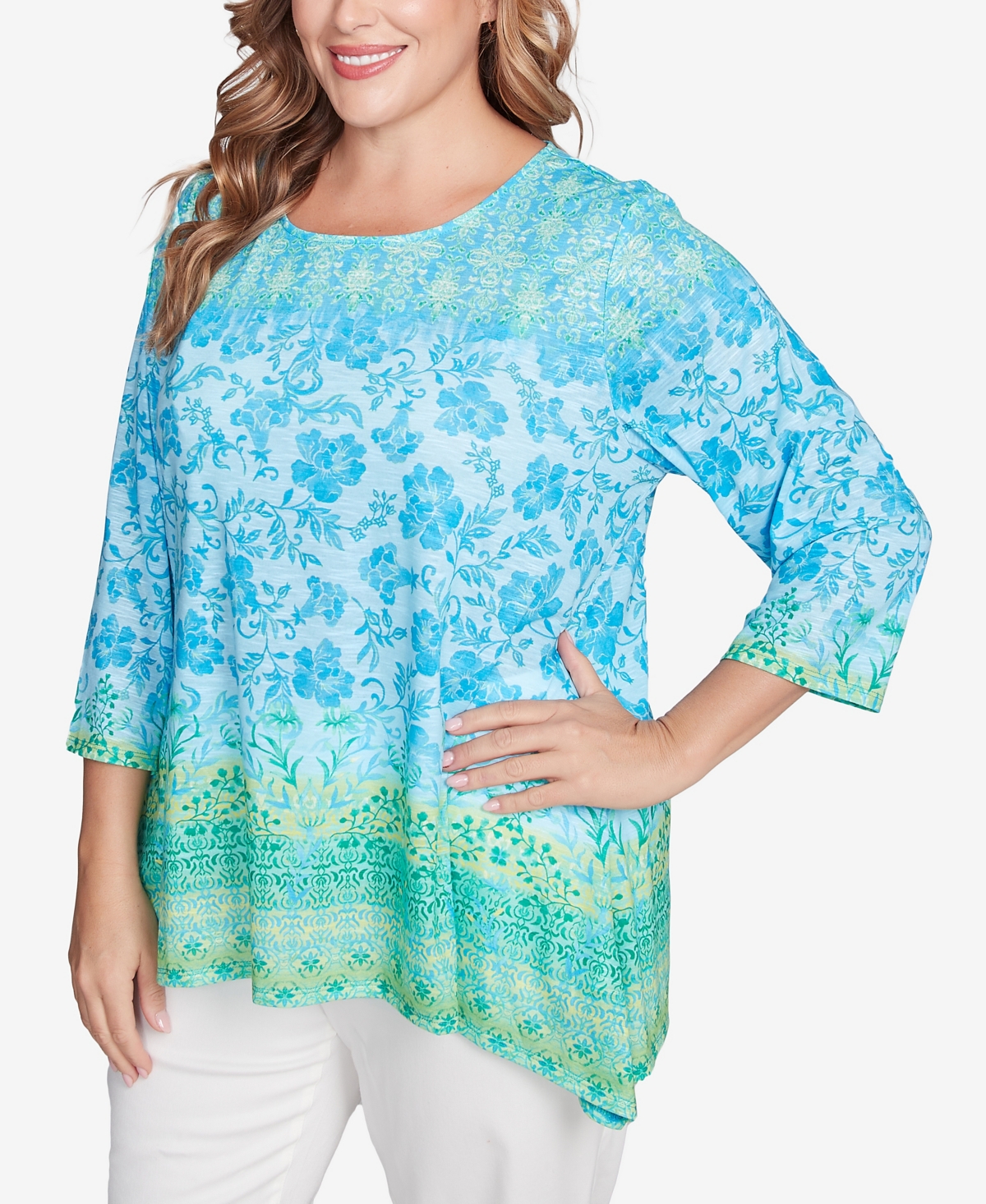 Shop Ruby Rd. Plus Size Floral Ombre Border Sublimation Knit Top In Ocean Blue Multi