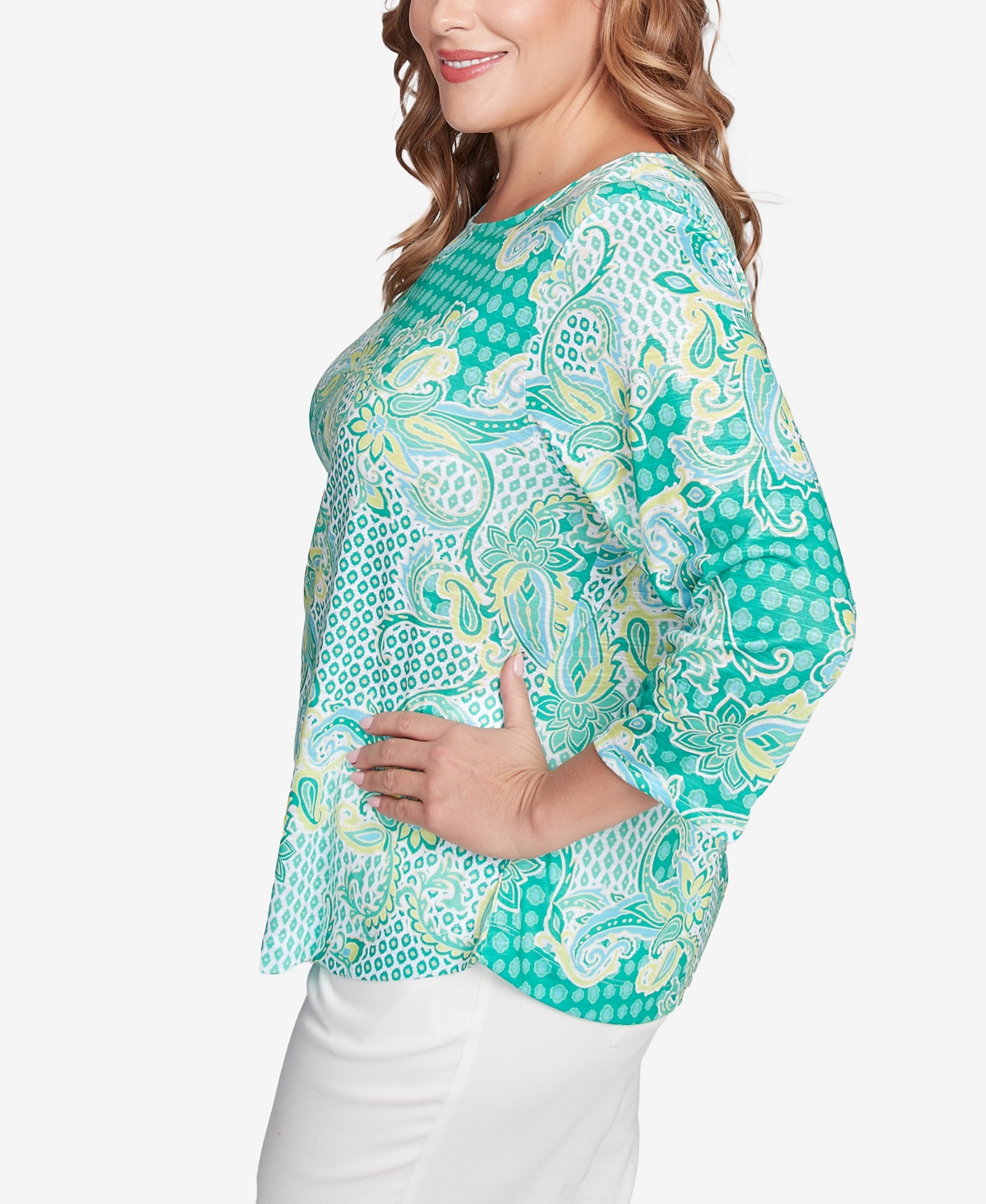 Ruby Rd. Plus Size Mixed Pattern Sublimation Knit Crew Neck Top In Parrot Multi