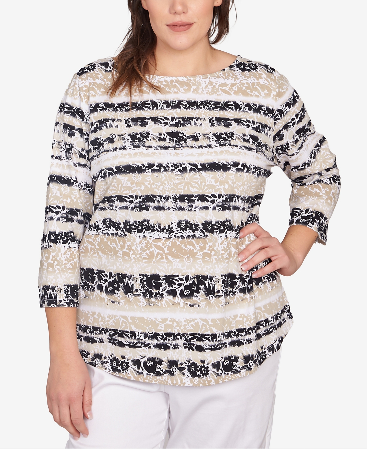 Ruby Rd. Plus Watercolor Floral Stripe Top
