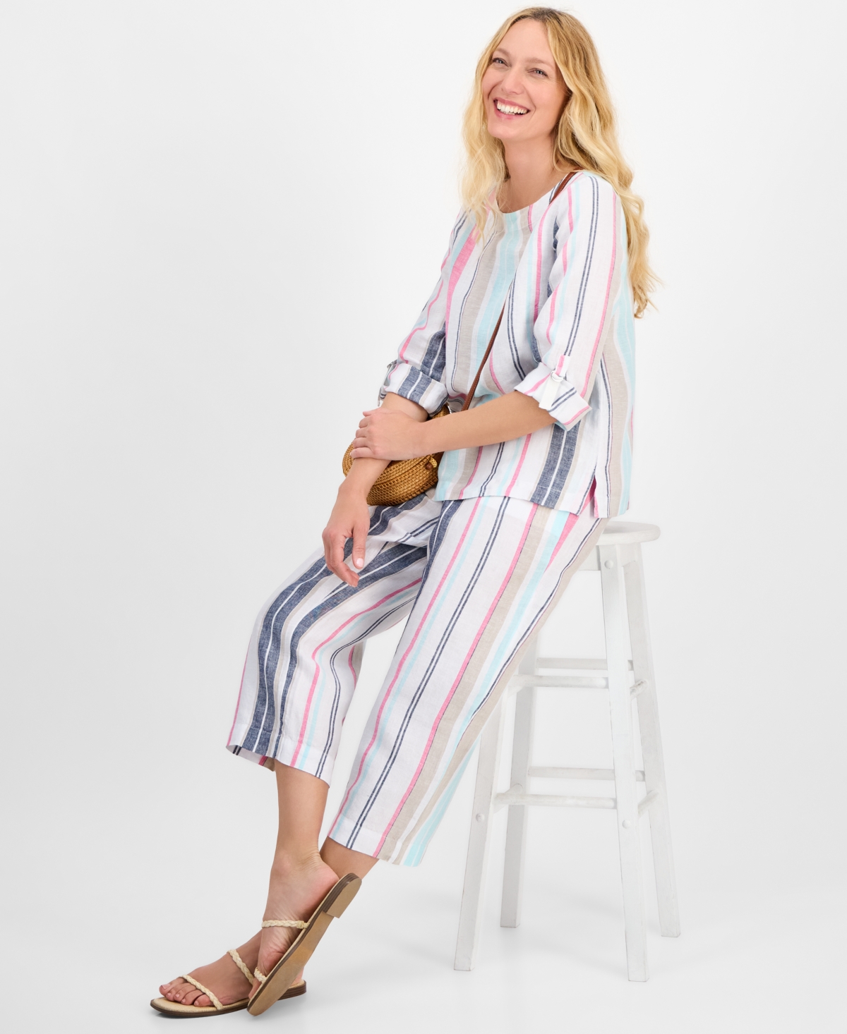 CHARTER CLUB WOMEN'S STRIPED 100% LINEN TOP, EXCLUSIVELY AT MACY'S 