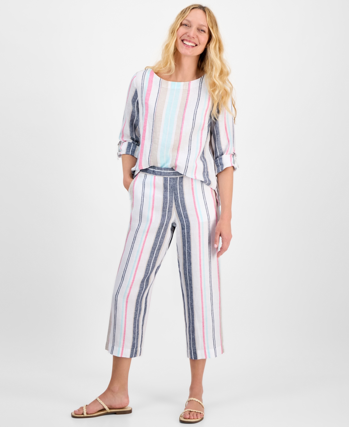 Charter Club Women's Striped 100% Linen Cropped Pants, Exclusively At Macy's