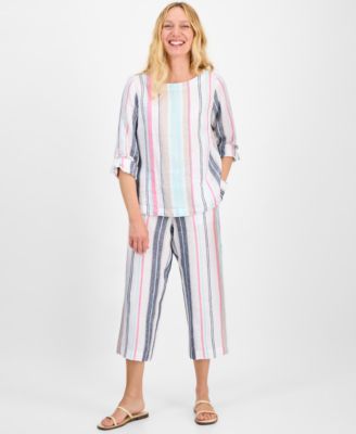 Womens Striped 100 Linen Top Cropped Pants Exclusively At Macys