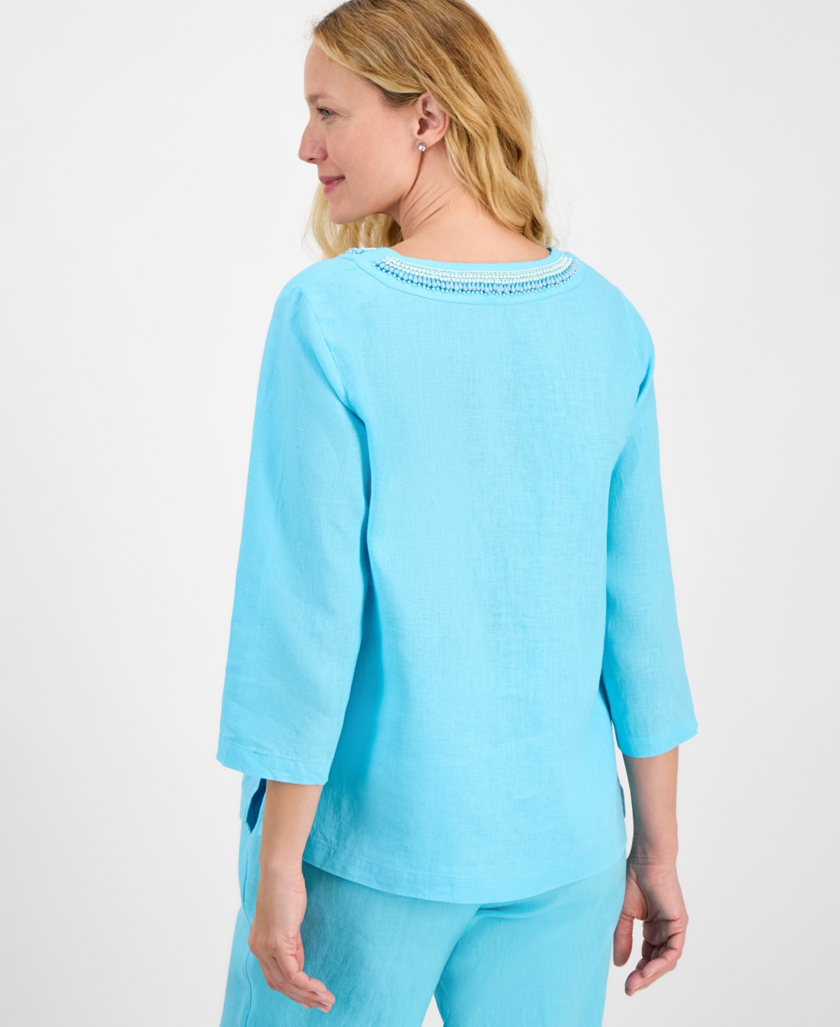 CHARTER CLUB PETITE EMBELLISHED V-NECK 3/4-SLEEVE LINEN TOP, EXCLUSIVELY AT MACY'S 