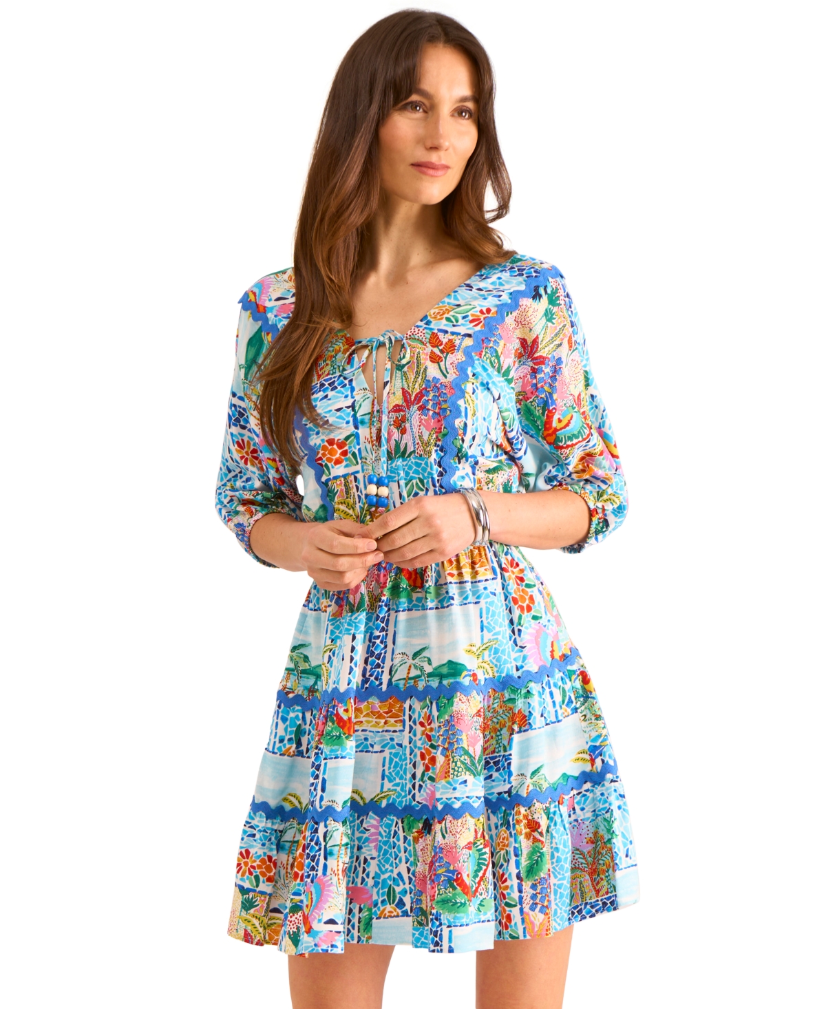 Vince Camuto Printed Tie Front Three Tier Mini Dress In Blue