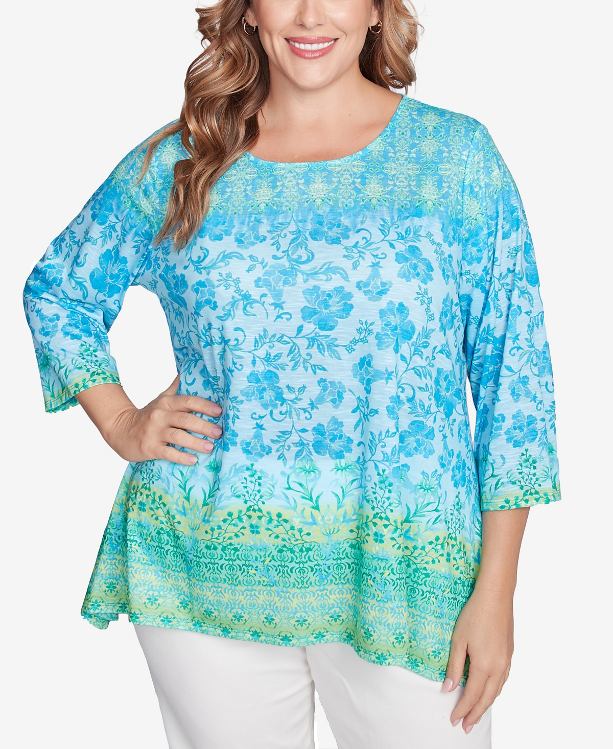 RUBY RD. PLUS SIZE FLORAL OMBRE BORDER SUBLIMATION KNIT TOP 