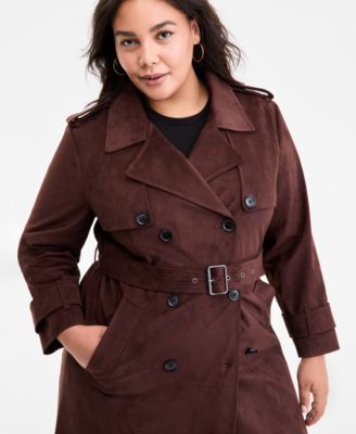 Plus Size Double-Breasted Faux-Suede Belted Trench Coat