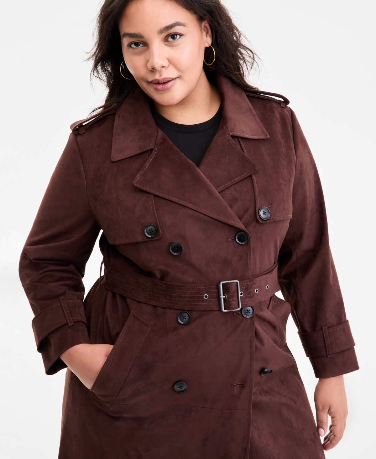 Bcbgmaxazria Plus Double-Breasted Faux-Suede Belted Trench Coat