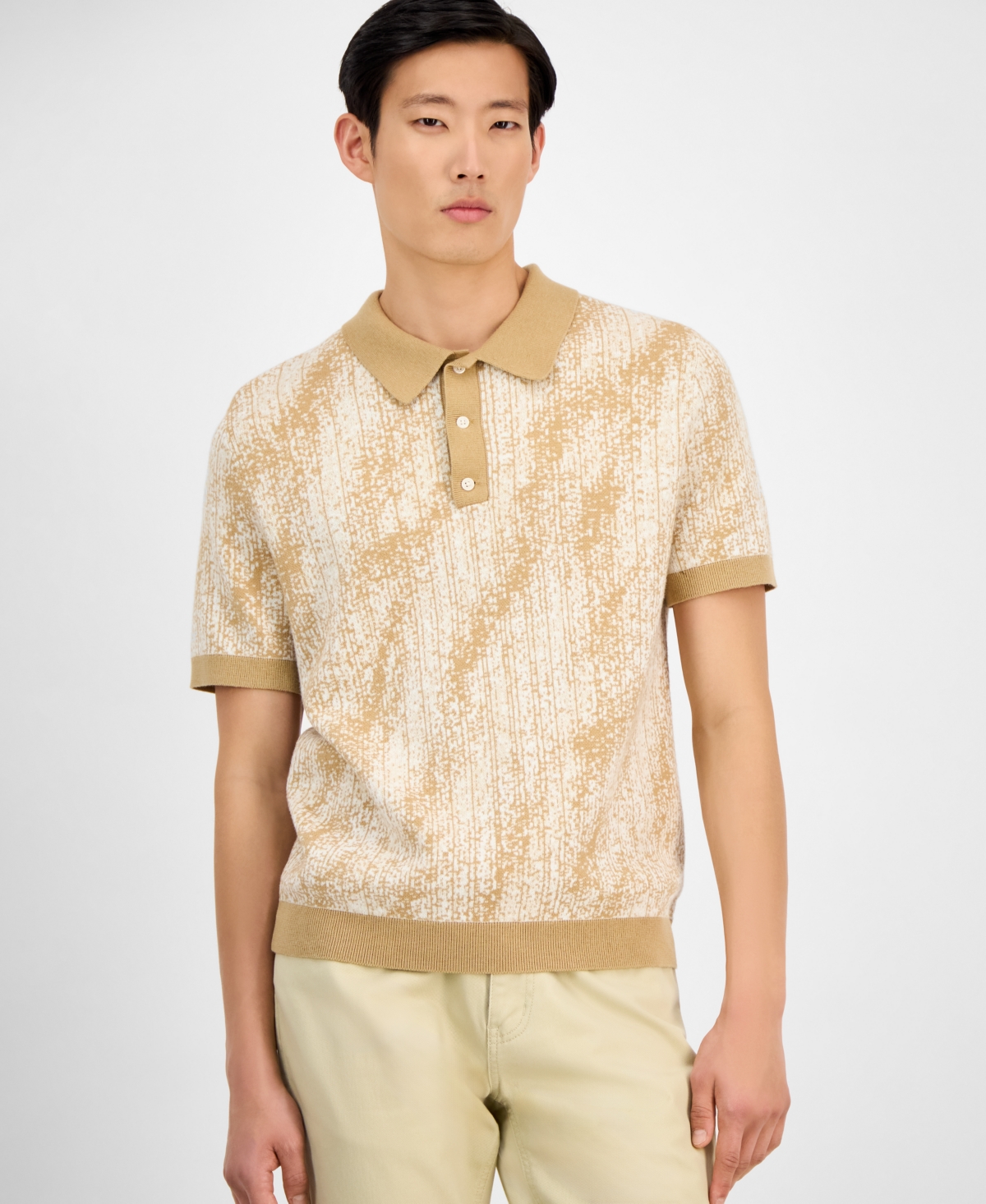 Men's Sand-Pattern Sweater Polo Shirt, Exclusively at Macy's - Brown Rice