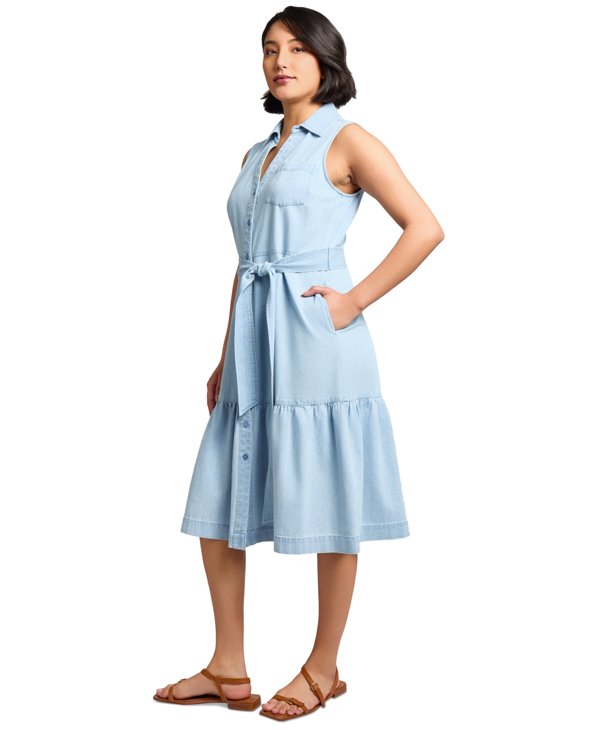 Jones New York Petite Cotton Belted A-line Shirtdress In Blue