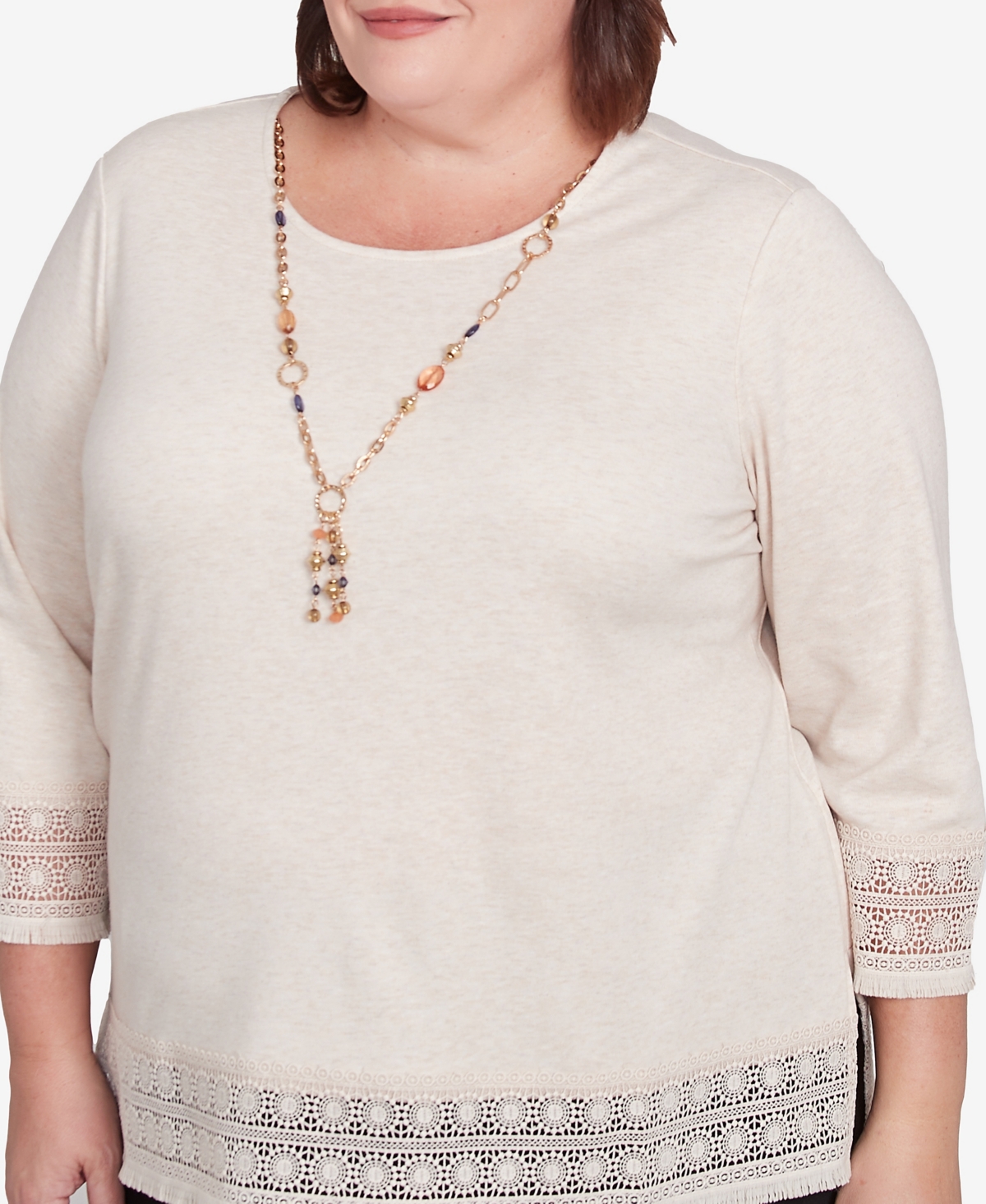 Alfred Dunner Plus Size Summer Solstice Lace Trimmed Knit Top With Necklace In Oatmeal