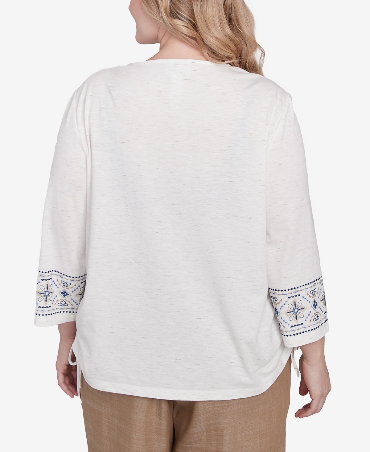 Alfred Dunner Plus Size Summer Solstice Linear Embroidered Tie Sleeve Top In Linen