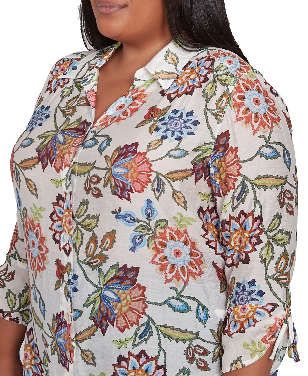 Alfred Dunner Plus Size Summer Solstice Batik Floral Button Front Top In Neutral Multi