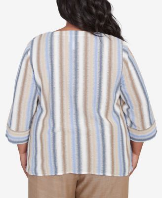 Plus Size Summer Solstice Spliced Stripe Button Shoulder Crew Neck Top