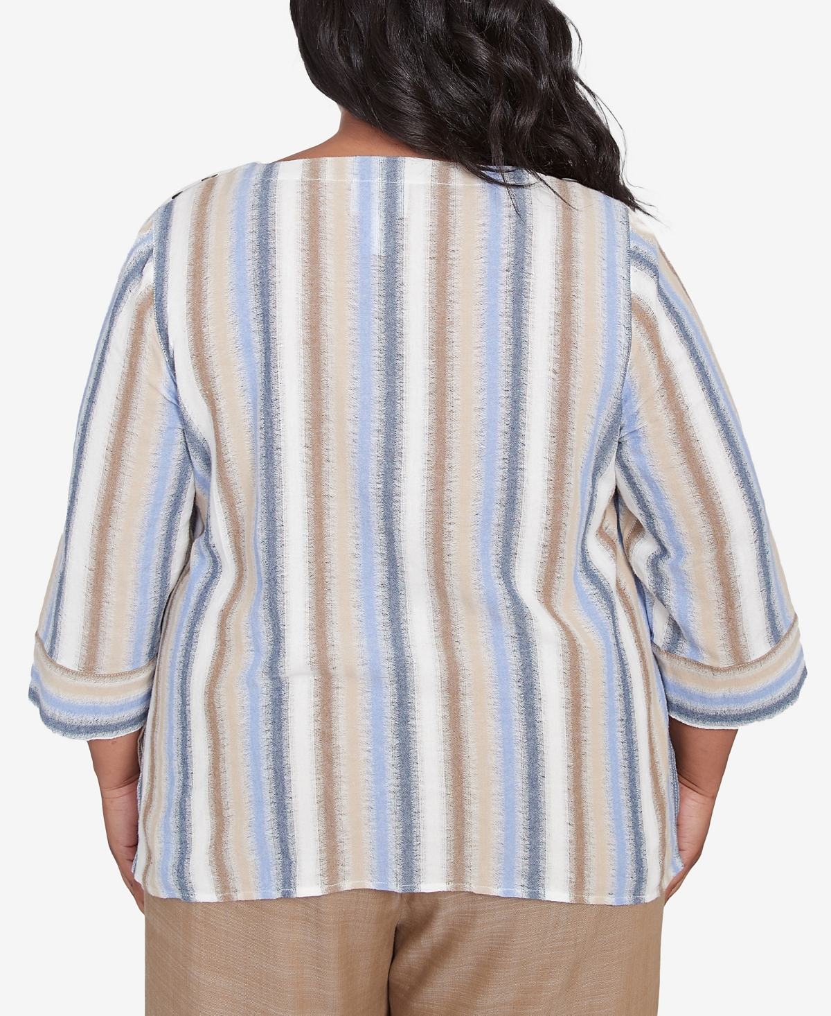 Alfred Dunner Plus Size Summer Solstice Spliced Stripe Button Shoulder Crew Neck Top In Neutral Multi