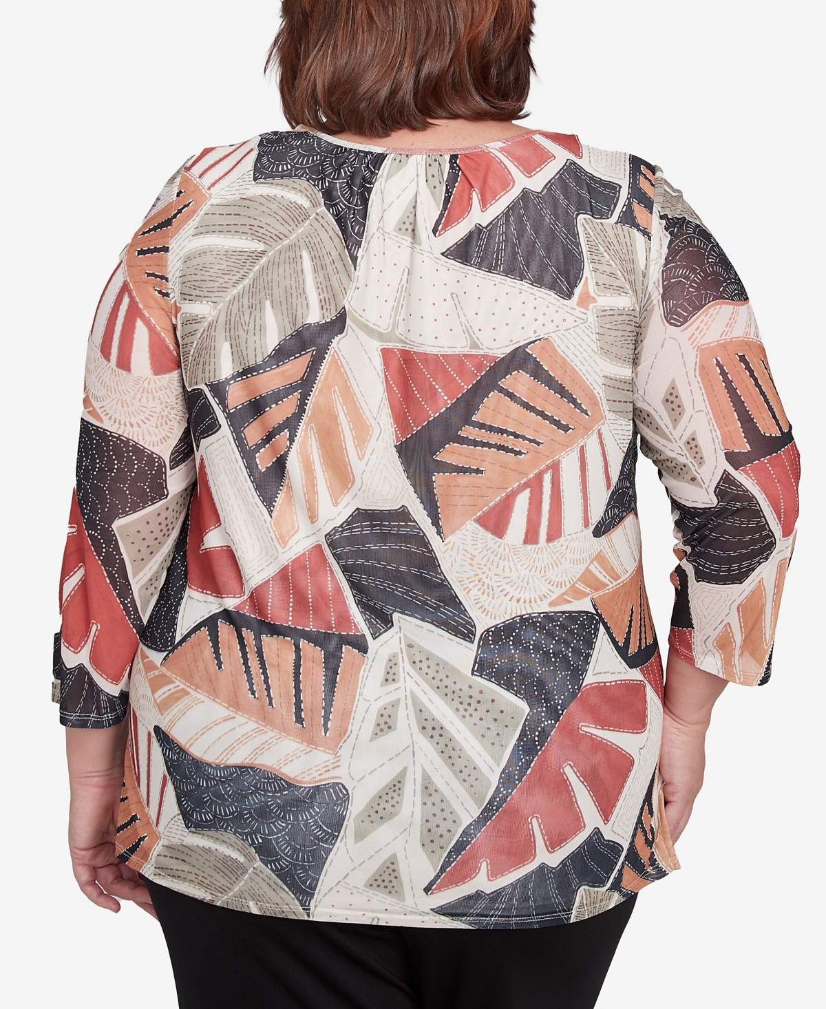 Alfred Dunner Plus Size Natural Instinct Tropical Mesh Top With Necklace In Neutral Multi
