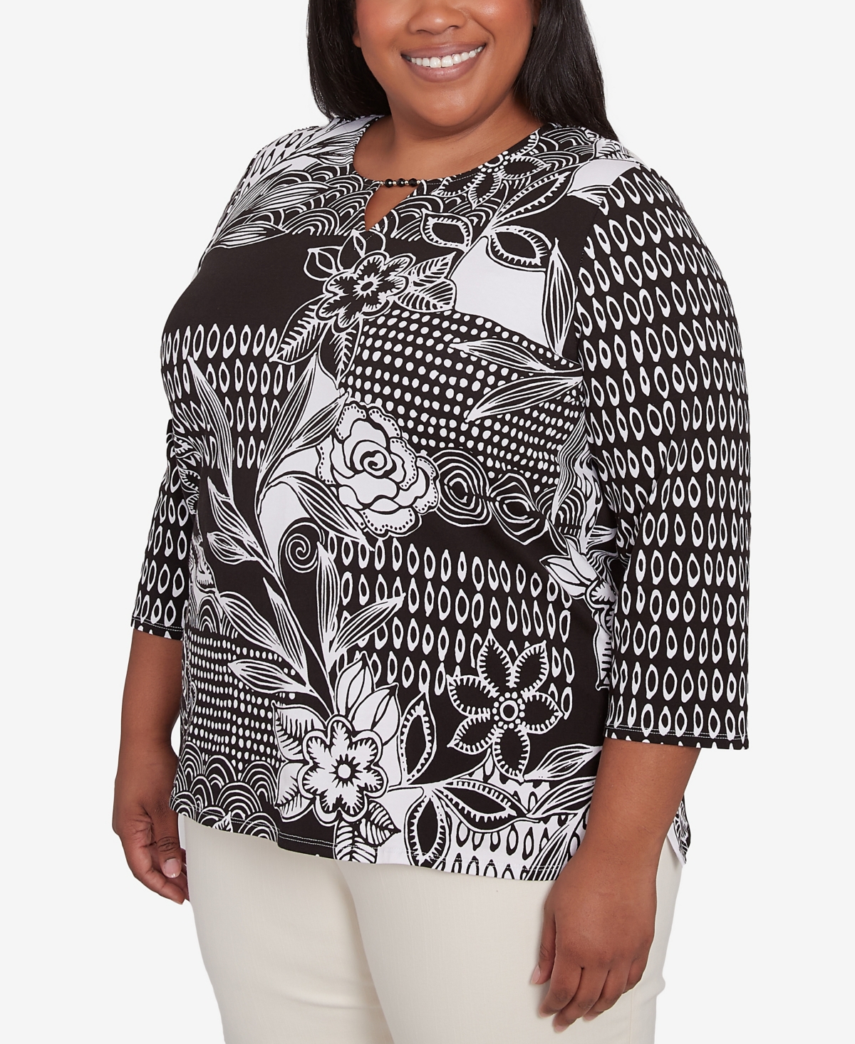 Alfred Dunner Plus Size Natural Instinct Monotone Patch Beaded Split Neck Top In Black